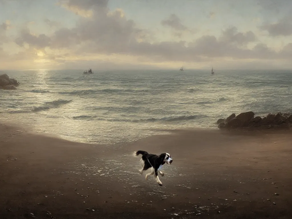 Image similar to springer spaniel running along a beach, quiet with a few boats in the background, peaceful, epic lighting, evening sunlight, cinematic, volumetric lighting digital art by greg rutkowski, roberto ferri, jeremy lipking, trending on art station, 8 k, highly detailed, hyper realistic, photorealistic