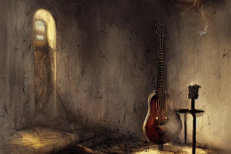 Prompt: still life painting, musical instument alone - a lute with smoke wisping up from its smoldering string, cursed baroque with ebony inlay, designed by brian froud and hr giger leans against the wall alone, abandoned. an empty brutalist chamber, lonely, somberlate afternoon lighting cinematic fantasy painting by jessica rossier