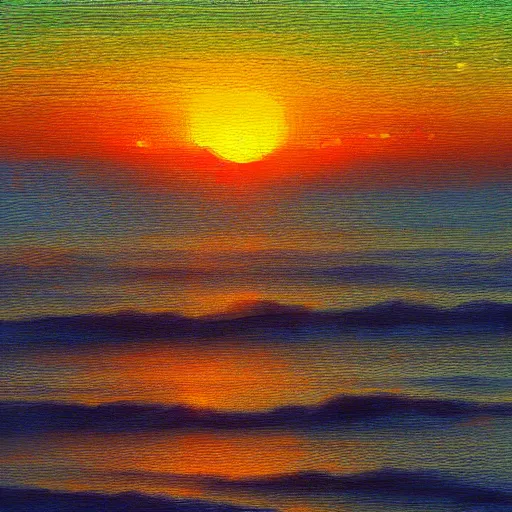 Image similar to impressionist painting of a sunrise over the atlantic ocean, east highly textured, hd, 8k