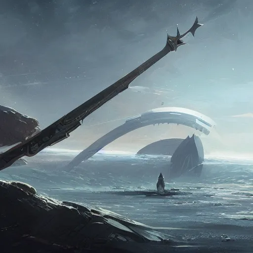 Image similar to concept art of a large space vessel in the shape of an spear by greg rutkowski