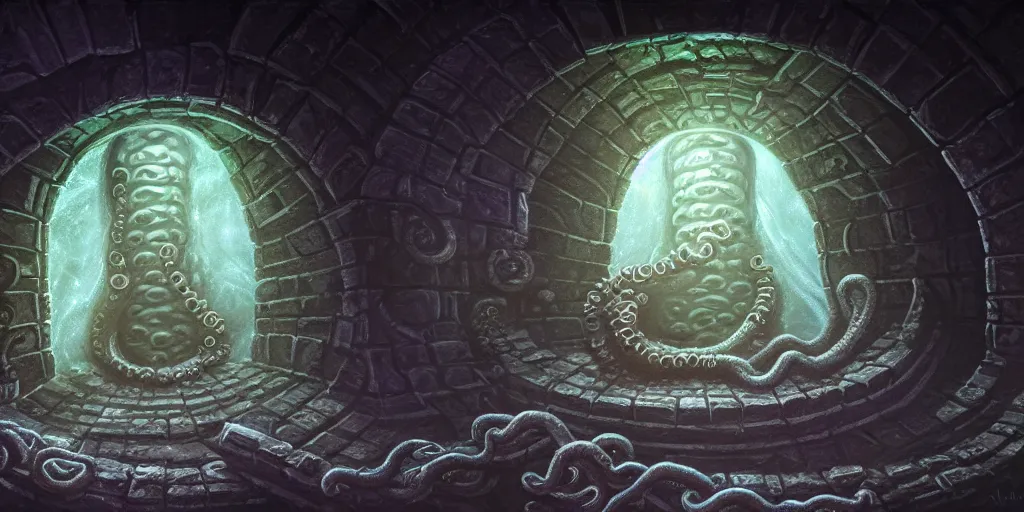 Image similar to a lovecraftian tentacle monster inside of a stone brick room, matte oil painting, staircases, cosmic, concept art, nebula, high fantasy, extremely detailed, disturbing, trauma, award - winning, 4 k, 8 k