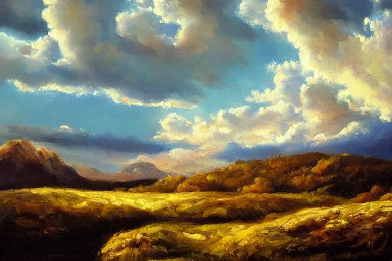 Image similar to a beutiful oil painting of a landscape, dramatic lighting, clouds in the sky, mountains