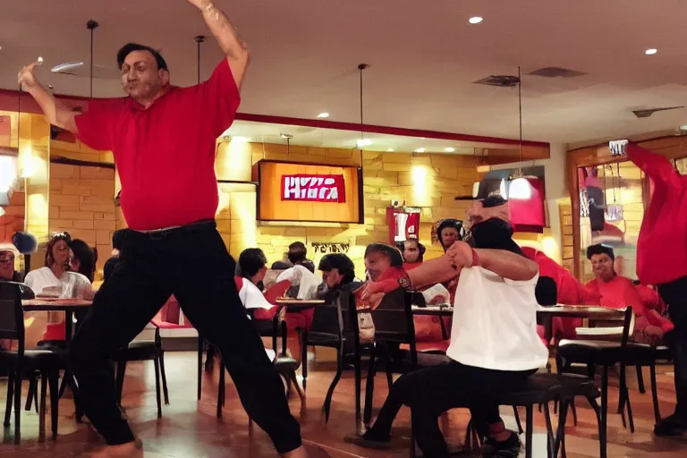 Prompt: Dhar mann dancing at pizza hut