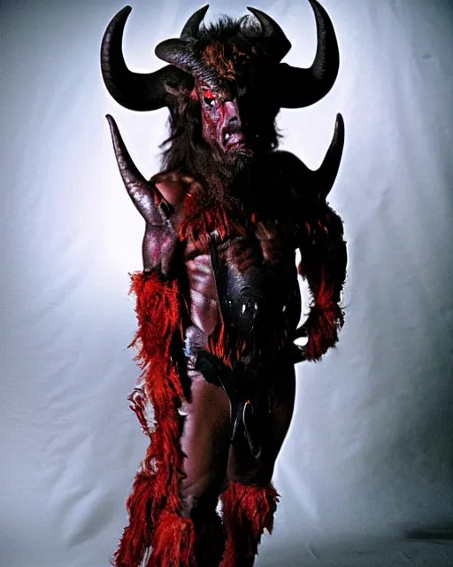 Image similar to tim curry in full makeup as darkness, the goat legged water buffalo horned red devil in ridley scott's movie legend. studio lighting, photoshoot in the style of annie leibovitz, atmospheric smoke