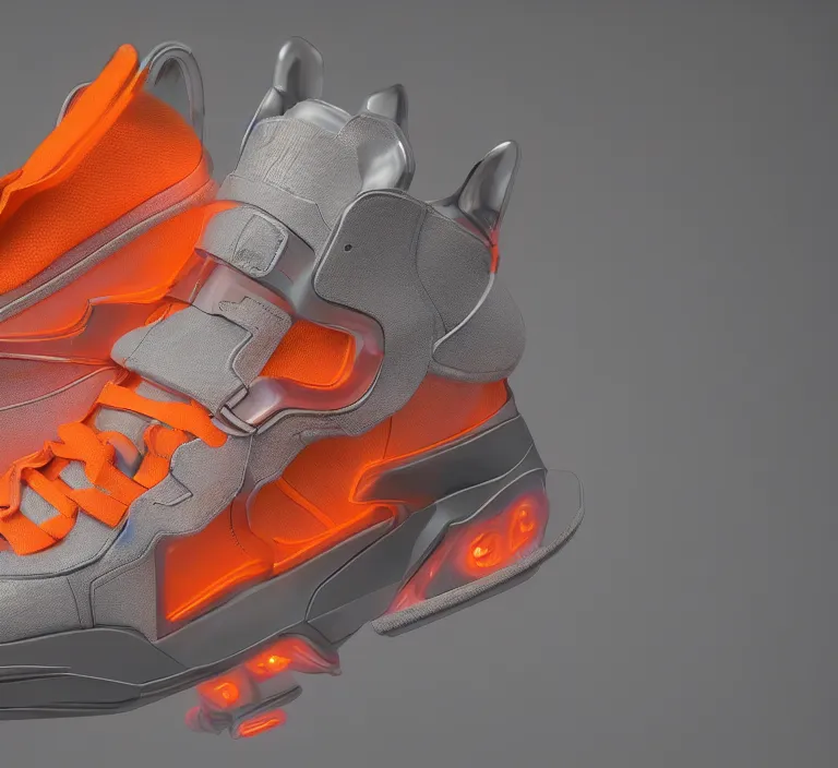 Image similar to realistic 8 k sculpture of 1 futuristic sneaker with neon illuminated rubber soles and soft orange laces on a grey surface, clean 3 d render, beautiful studio lighting, soft, sharp focus, cyberpunk, intricate detail, gold and red accents, soft rubber, octane render, trending on artstation, deviantart, art by wright and syd mead and mullins