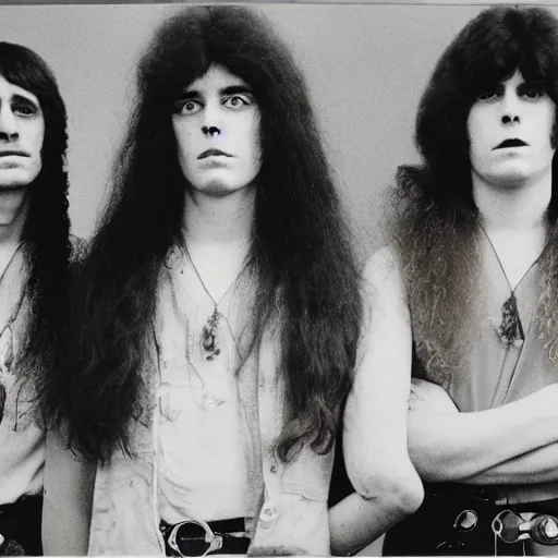 Image similar to Group of 19-year-old girls, permed hair, thick hair, heaviest metal band of 1970s, proto-metal, promo photo, band promo, 1971 16mm photograph