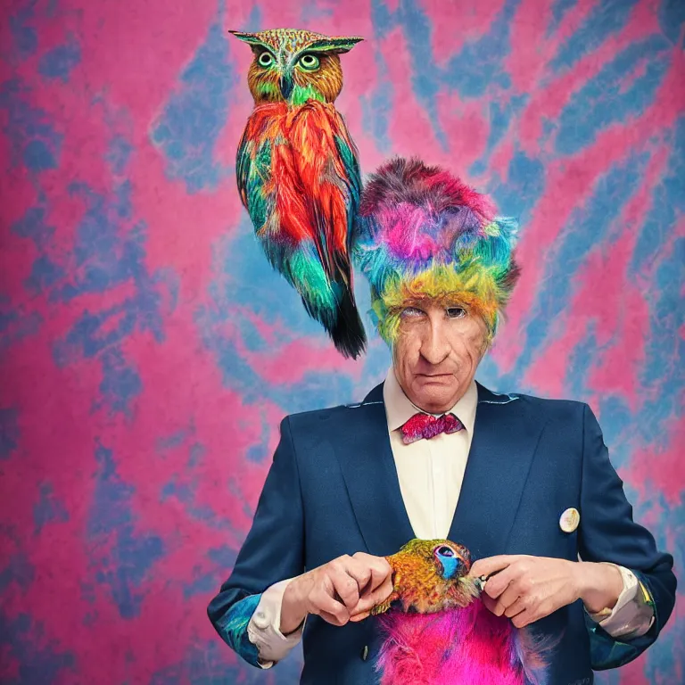 Image similar to high fashion photoshoot octane render portrait by wayne barlow and carlo crivelli and glenn fabry, a distinguished actor wearing a colorful wes anderson designed uniform and holding a tie - dye owl inside a high - end exotic colorful pastel vintage boutique hotel lounge, very short depth of field, bokeh