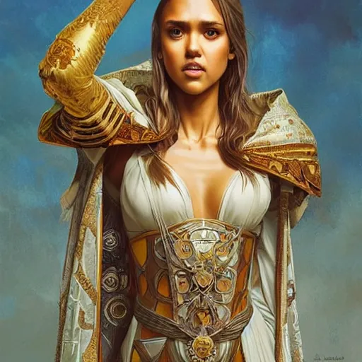 Image similar to jessica alba as queen, incredibly detailed face, wearing toga. true anatomy, symmetry, true anatomy, art by artgerm and greg rutkowski and alphonse mucha