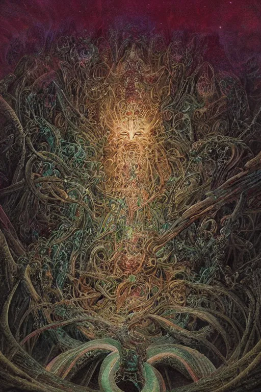 Image similar to cosmic horror eldritch lovecraftian the emerald queen of feathers by wayne barlowe, agostino arrivabene, denis forkas