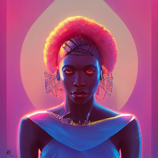 Prompt: african neon goddess, science fiction, highly detailed, digital painting, beautiful eyes, symmetry, concept art, sharp focus, illustration, global illumination, radiant light, synthwave colors, detailed and intricate environment, art by artgerm and greg rutkowski and magali villeneuve and ilya kuvshinov!