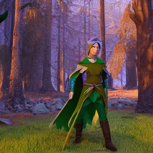 Image similar to anya charlota as a medieval fantasy elf, dark purplish hair tucked behind ears, wearing a green tunic with a fur lined collar and brown leather armor, wide, muscular build, scar across nose, one black, scaled arm, cinematic, character art, digital art, forest background, realistic. 8 k, 3 d render.