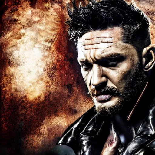 Image similar to Tom Hardy as wolverine in Black Damaged leather suit Digital art 4K quality