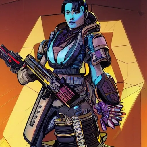 Prompt: Athena. Apex legends cyberpunk bounty hunter. Concept art by James Gurney and Mœbius.