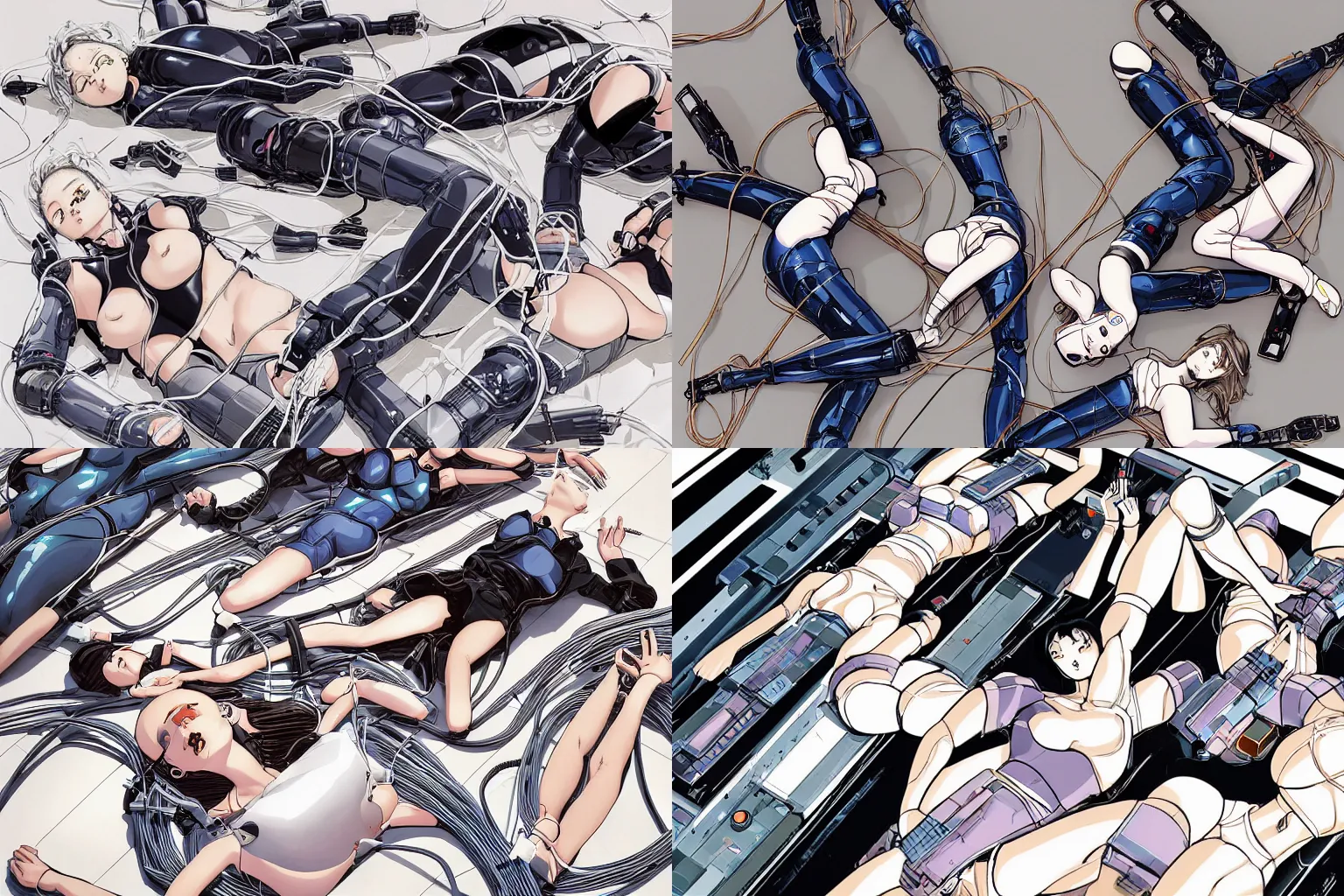 Prompt: an illustration of a group of three female androids in style of masamune shirow, lying on an empty, white floor with their bodies broken scattered rotated in different poses and cables and wires coming out, by yukito kishiro and katsuhiro otomo