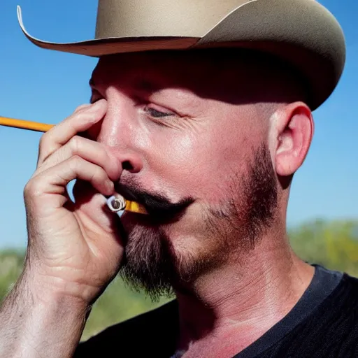 Image similar to bald man with a goatee, with the middle of his mustache shaved, wearing a usa cowboy hat, smoking a cigarette