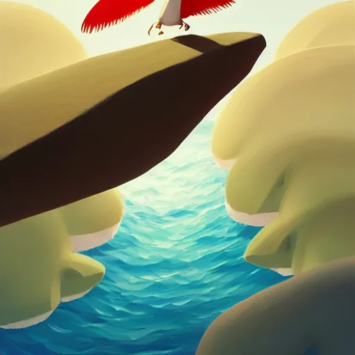 Prompt: goro fujita ilustration view from the sky of a bird with open wings full of feathers, flying over the ocean with waves and rocks, painting by goro fujita, sharp focus, highly detailed, artstation