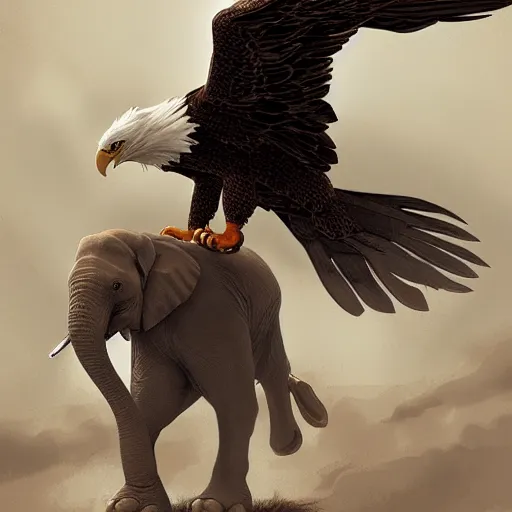 Image similar to an eagle carrying a wounded elephant, concept art, painterly, artstation