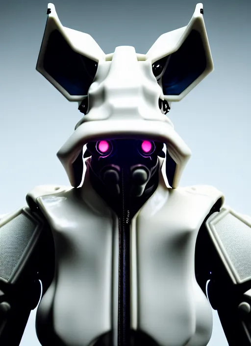 Image similar to hyper detailed ultra sharp portrait of a beautiful fashionable porcelain ivory cyberpunk scifi robo donkey with glowing eyes, up close shot, sharp focus, global illumination, radiant light, black haute couture, alexandre ferra, irakli nadar, octane render, 4 k, ultra hd,