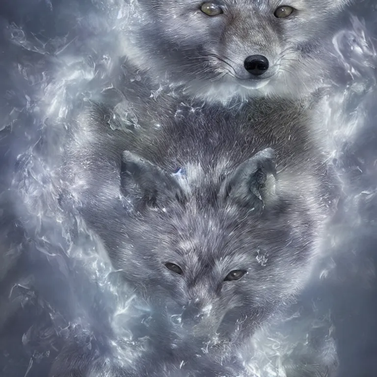 Image similar to hyperrealistic surrealistic arctic fox bring ice and fire and destruction to the world photorealistic symmetrical detailed fractal