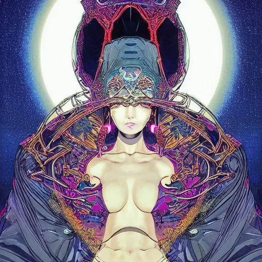 Image similar to beautiful portrait of the mysterious cybernetic masked figure, vogue cover, vogue poses, beautiful ornamental silk cape, intricate, highly detailed, masterful, fantasy world, sci fi world, in the style of moebius, akira toriyama, jean giraud