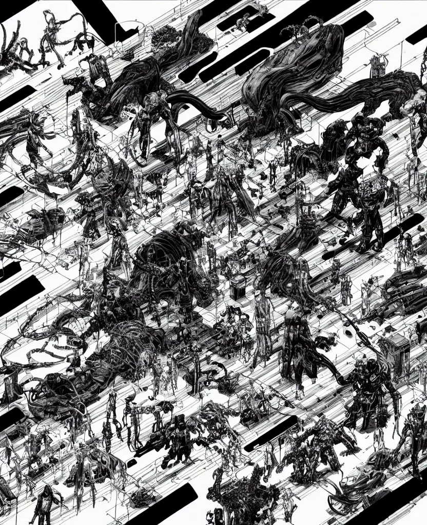 Image similar to black and white avengers fights with marvel monsters with wires, isometric, by tsutomu nihei, background cybernetic planets