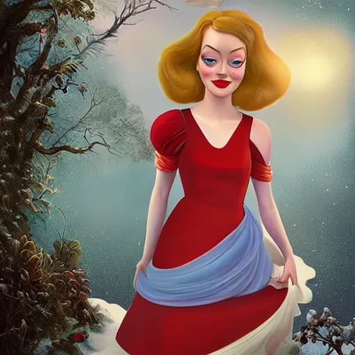 Image similar to digital painting of Emma Stone as a Disney princess wearing snow white's dress, Pixar style, professional studio lightening, volumetric lightening, photorealism by Tristan Eaton Stanley Artgerm and Tom Bagshaw