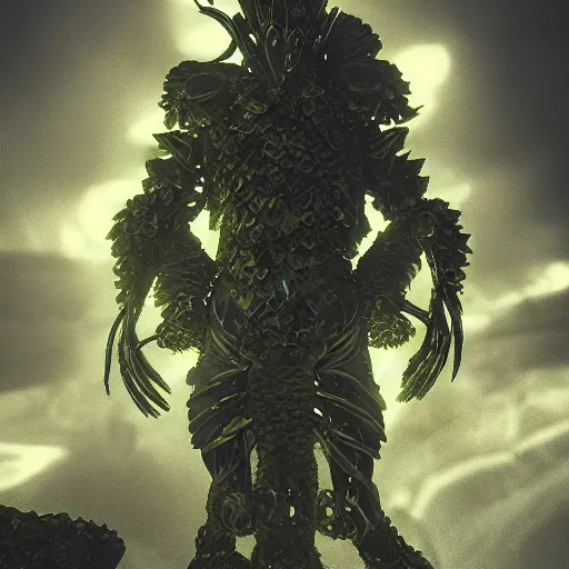 Image similar to vegetal humanoid armored botanical rune covered armor nanotechnology kryptonite protomolecule utility fog tendrils high contrast cinematic light, mystical shadows, sharp focus, divine realm of gods, octane render