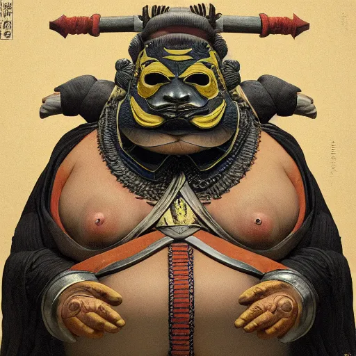 Prompt: plump character portrait of masked rubenesque woman shugoki wearing samurai o - yoroi, mortal shell, scorn game, by geiger! and beksinski!, grim dark, rembrandt, ukiyo - e, cg society, tone mapping, global illumination,