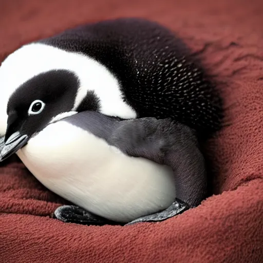 Prompt: baby penguin cuddling in a cosy bed