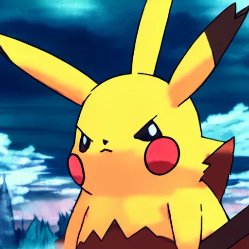 Image similar to an anime image in the style of pokemon, lightly sketched in pencil. a large, angry - looking pikachu with spiky orange ears comes charging at the viewer from a background sea of flames.