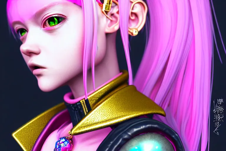 Image similar to hyperdetailed close portrait of a stunningly beautiful pink cyberpunk cute european girl made of metals and shiny iridescent gems, dark rainbow nimbus, gold necklace, puffer jacket, inspired by ross tran and masamune shirow and kuvshinov, intricate, photorealistic, octane render, rtx, hdr, unreal engine, dnd digital art by artgerm