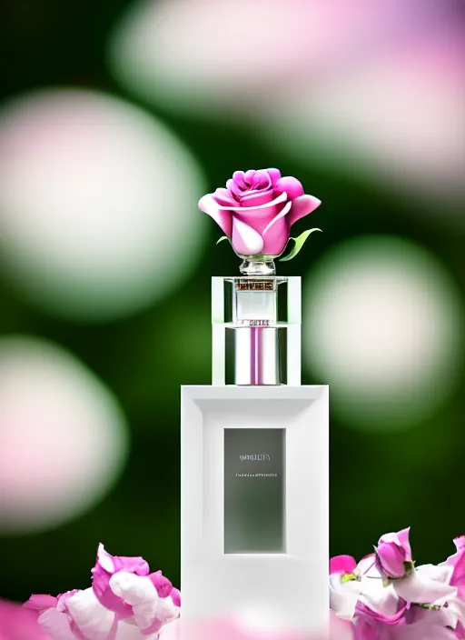 Image similar to perfume bottle standing in white enchanted garden of pink flowers, roses in an ivory room well contoured smooth fair walls, up close shot, sharp focus, global illumination, radiant light, surral photography, octane highly render, 4 k, ultra hd,