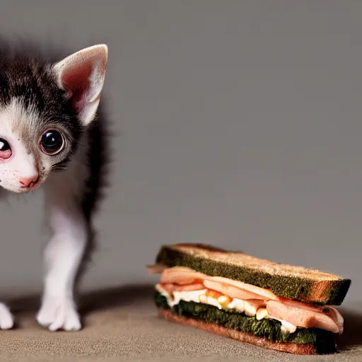 Image similar to a Bat kitten is eating a sandwich on sand which is sandy, 8k octane render.