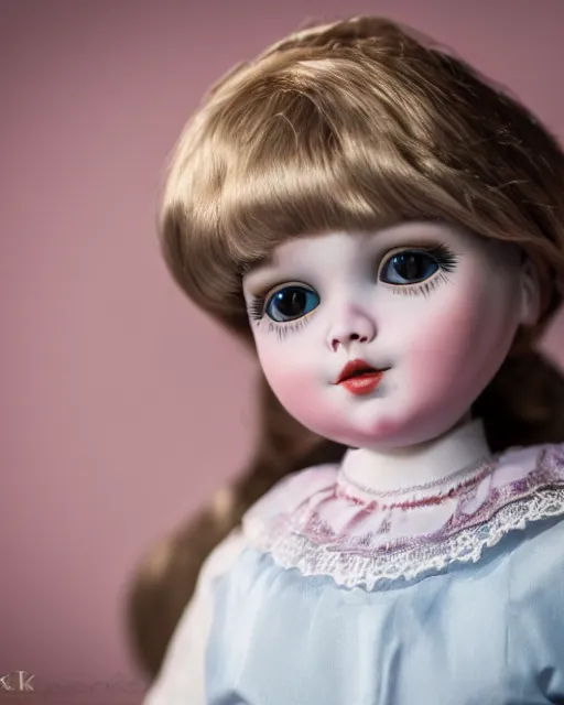 Image similar to high quality presentation photo of a cute Liza Simpsons porcelain doll in the style of mark ryden photography 4k, f1.8 anamorphic, bokeh, 4k, Canon, Nikon