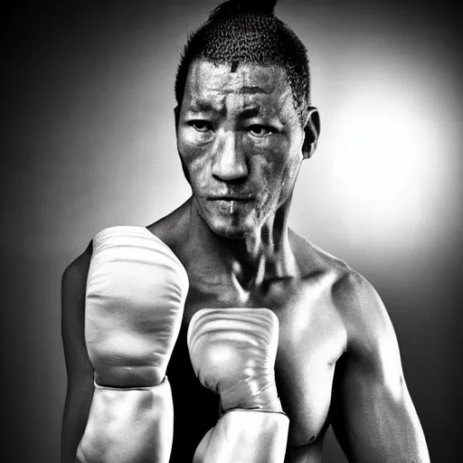 Image similar to black and white photo, portrait of k1 kickboxer by richard avedon, realistic, Leica, medium format, cinematic lighting, parallax, high resolution,