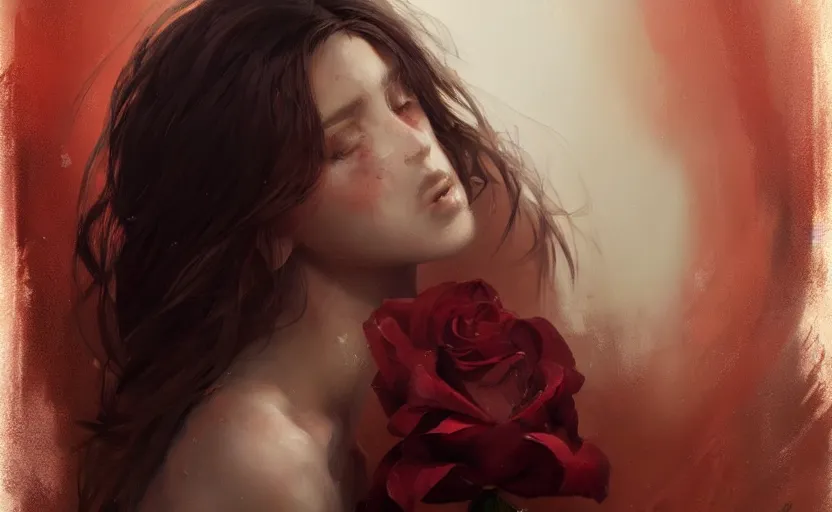 Prompt: a painting of virtualrose trending on artstation in the style of greg rutkowski, beautiful, sensuality, young female, sensual, natural skin, brown hair, red rose in hair