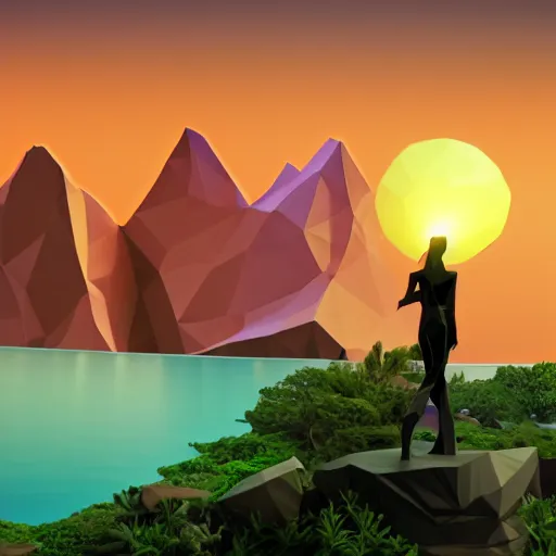 Image similar to a low-poly render of a big purple hand holding the orange setting sun on the ocean horizon. a green tinted transparent beckoning lady in front of a waterfall. a cream colored abandoned building featuring two statues and pitch black periphery. a prehistoric jungle scene with a mountain in the background.