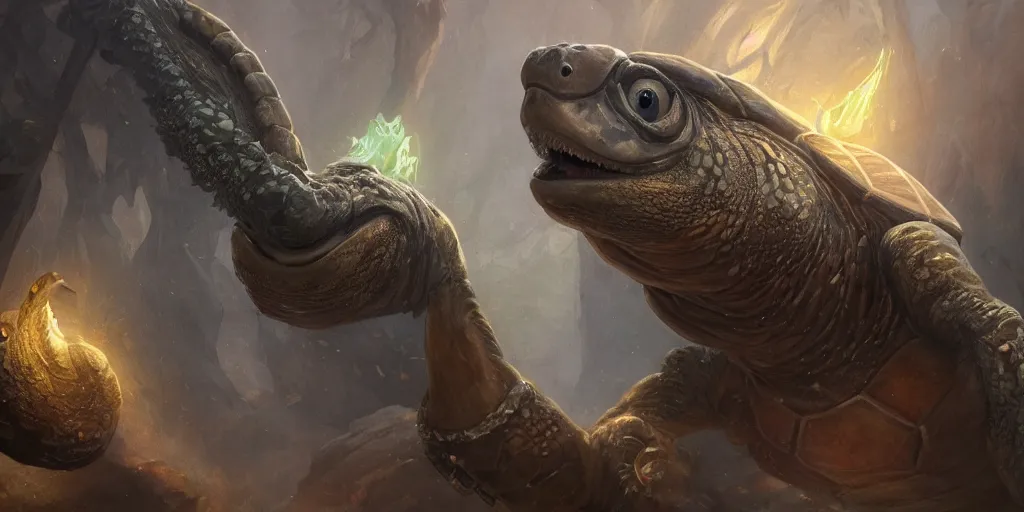 Prompt: Anthropomorphized turtle, D&D, fantasy, cinematic lighting, highly detailed, digital painting, artstation, concept art, smooth, sharp focus, illustration, warm light, cozy warm tint, magic the gathering artwork, volumetric lighting, 8k, no gold, no gold colours, art by Akihiko Yoshida, Greg Rutkowski