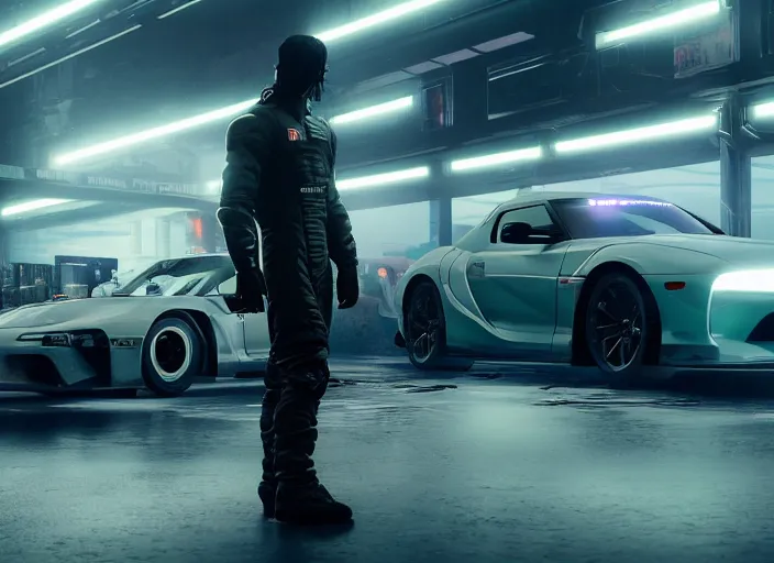 Prompt: cyberpunk F1 Driver crossed arms black white race suit blue emissive standing next to 2034 sports car RX7 S15 MK5 Supra GTR Bladerunner 2049 still screengrab beautiful cinematography wallpaper render Volumetric Lighting UE4 RTX Jim Burns Flickr 50mm lens, f1.8