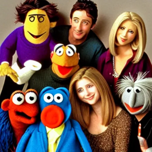 Prompt: the cast of Friends as muppets in a cafe