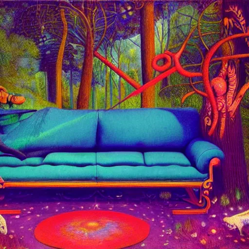 Image similar to psychedelic couch sofa in the lush forest, milky way, designed by arnold bocklin, jules bastien - lepage, tarsila do amaral, wayne barlowe and gustave baumann, cheval michael, trending on artstation, mediterranean, star, sharp focus, colorful refracted sparkles and lines, soft light, 8 k 4 k