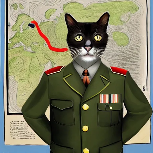 Image similar to painting of a cat in military uniform pointing at a map in a briefing