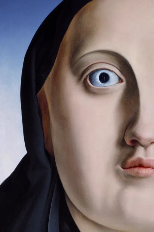 Prompt: hyperrealism extreme close-up portrait of young beautiful nun with horse face and blue eyes, wearing hyper detailed black clothes, dark background, in style of classicism