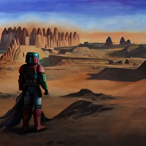 Image similar to Boba Fett looking at a giant cliff on Tatooine, oil painting