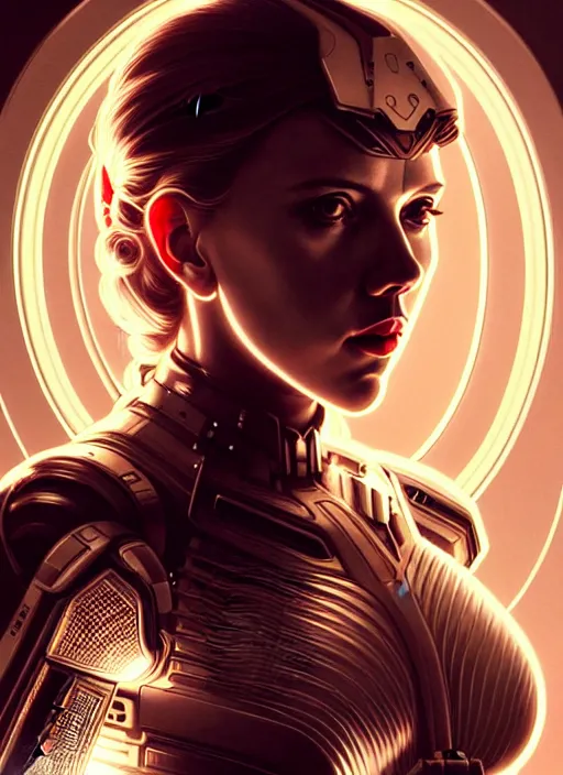 Image similar to symmetry!! portrait of scarlett johansson, gold sci - fi armour, tech wear, glowing lights!! sci - fi, intricate, elegant, highly detailed, digital painting, artstation, concept art, smooth, sharp focus, illustration, art by artgerm and greg rutkowski and alphonse mucha