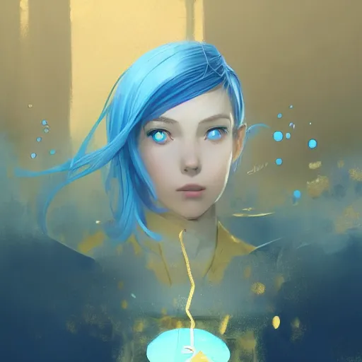 Image similar to ilya kuvshinov with long sky blue hair, gold eyes, boyish face, professional digital painting, concept art, ultra sharp, 8 k, cinematic, wlop, bubbles, tendrils in the background, art by greg rutkowski, pixiv art, art nouveau, yoshitaka amano