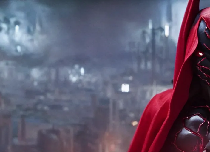 Image similar to film still of michael b jordan as spawn in the new spawn movie, giant chains, large cape, 8 k