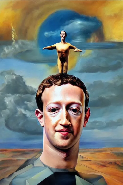 Image similar to photorealistic painting of mark zuckerberg as gala atomica by salvador dali, hyperdetailed, centered, masterpiece, surrealism