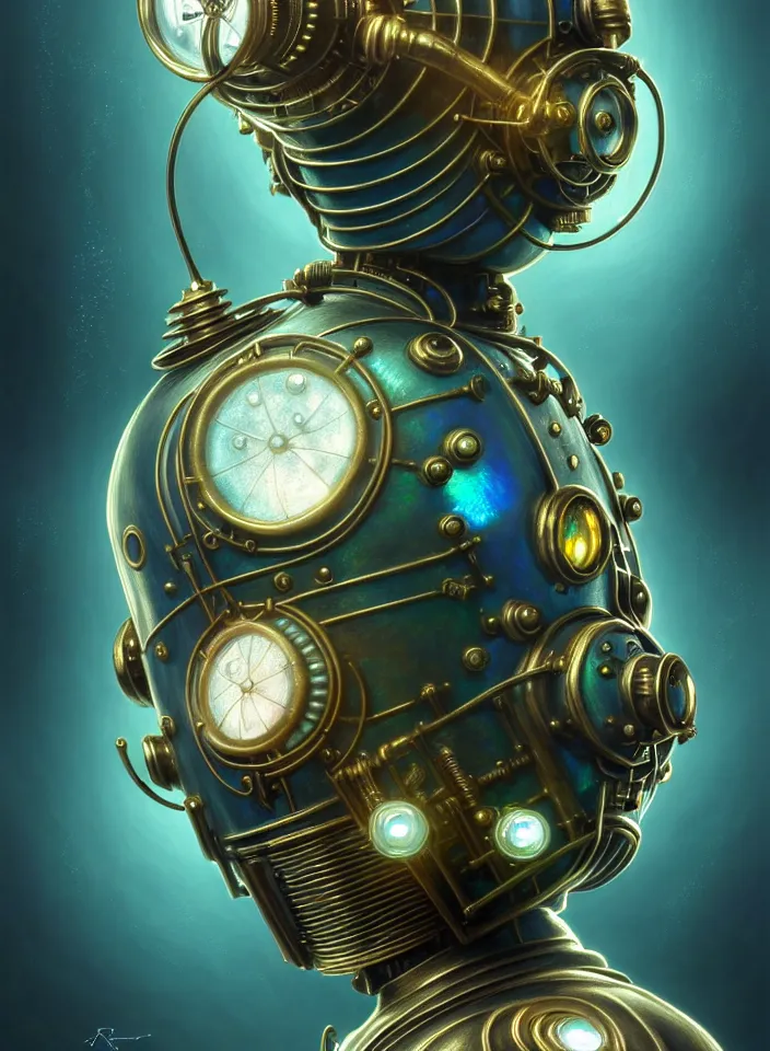 Image similar to symmetry!! close face portrait of a steampunk robot from bioshock, vintage, iridescent metal!! underwater atmosphere, intricate, serene, highly detailed, digital painting, artstation, symmetric concept art, smooth, sharp focus, illustration, art by artgerm and greg rutkowski and alphonse mucha, 8 k