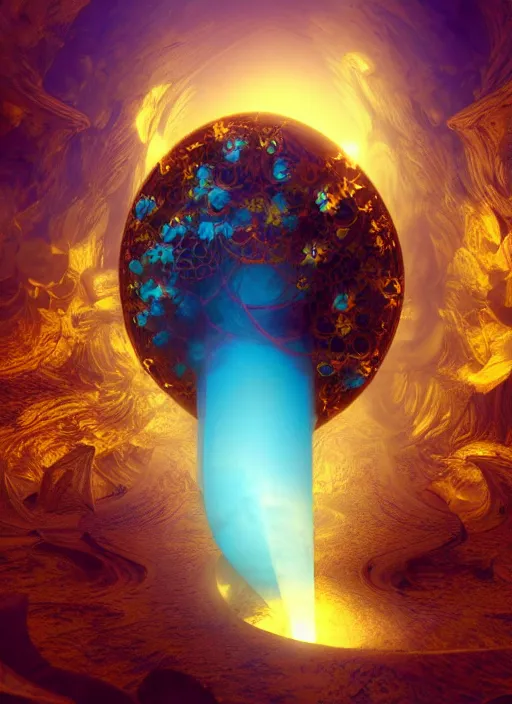 Image similar to flowers within the whole infinite capsule apparent with awe the apparition, an idea seep's into infinity highly detailed in volumetric latent space, golden turquoise steampunk, high contrast cinematic light, mystical shadows, sharp focus, divine realm of gods, octane render, artist by boris vallejo,